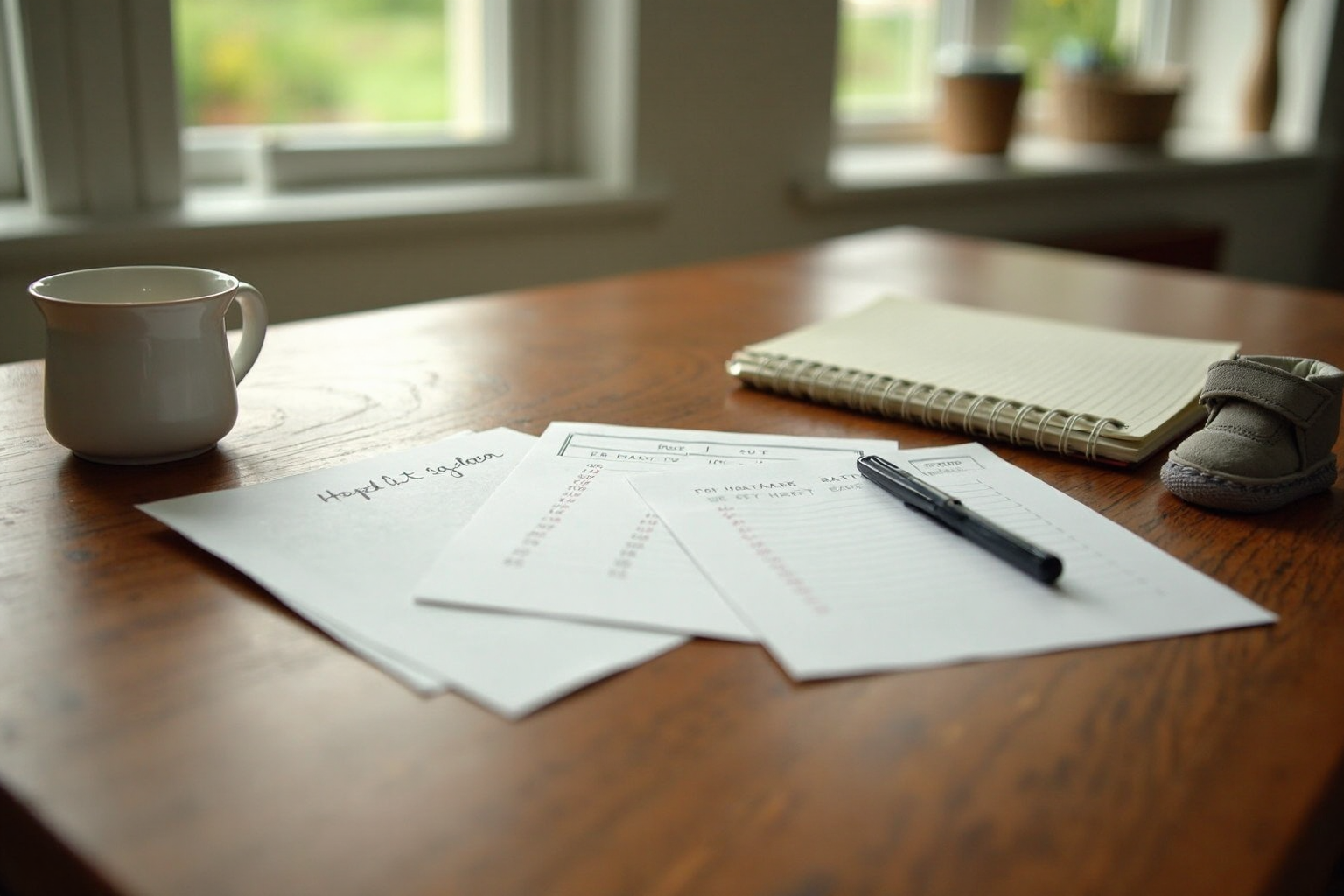 A warm kitchen table covered with baby shower planning papers, a small notebook open to a guest list, a cup of tea, and a single baby shoe sitting nearby, soft morning light through a window