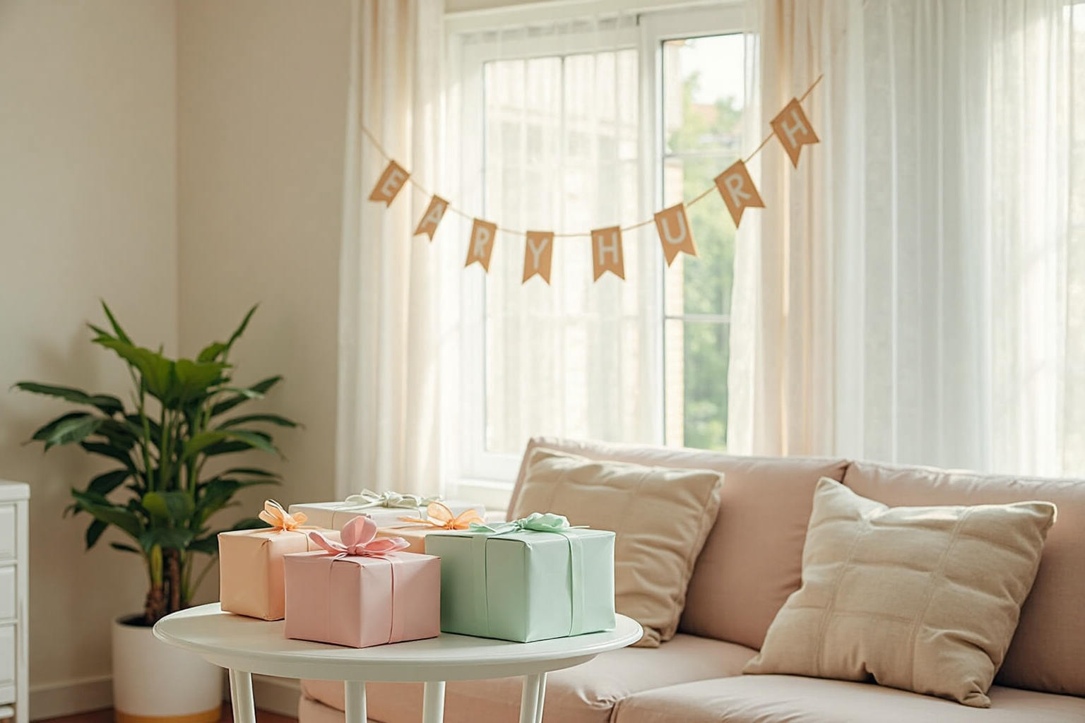 A warm living room set up for a baby shower with a table of gifts wrapped in pastel colors, a banner reading 'Welcome Baby' on the wall, and soft natural light coming through sheer curtains
