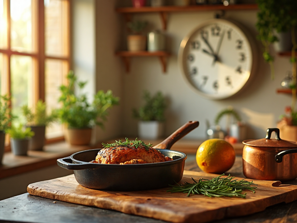A warm kitchen counter with a wooden cutting board, a roasting pan with herbs, and a clock showing approximately 16:30, soft afternoon light through a window