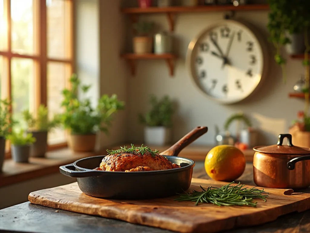 A warm kitchen counter with a wooden cutting board, a roasting pan with herbs, and a clock showing approximately 16:30, soft afternoon light through a window