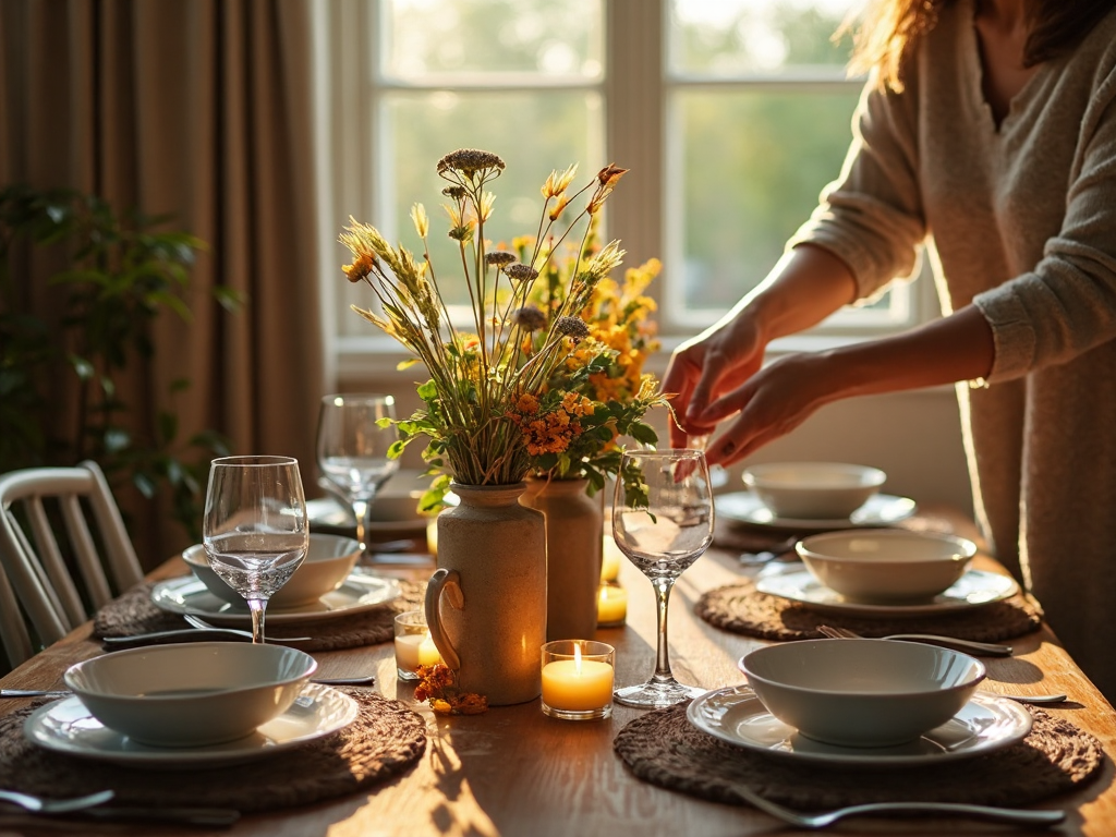A dining table being set with plates, glasses, candles, and cutlery, hands arranging a floral centerpiece, warm evening light