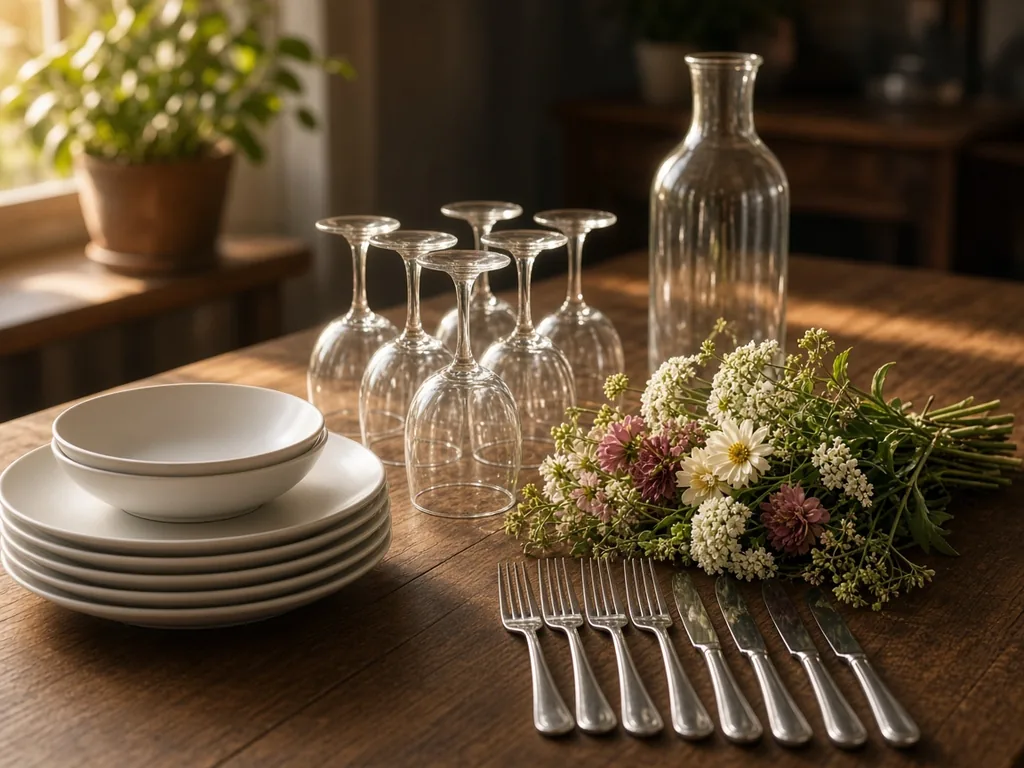 A dining table mid-setup with stacked plates, upside-down glasses, loose cutlery, and flowers waiting beside an empty vase