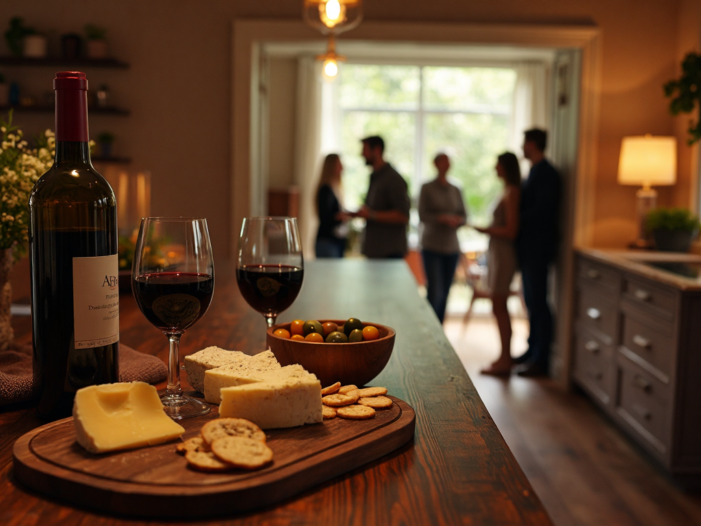 A kitchen island with a cheese board, a bottle of open wine, glasses, and crackers — guests mingling in a warm living room, evening light through windows