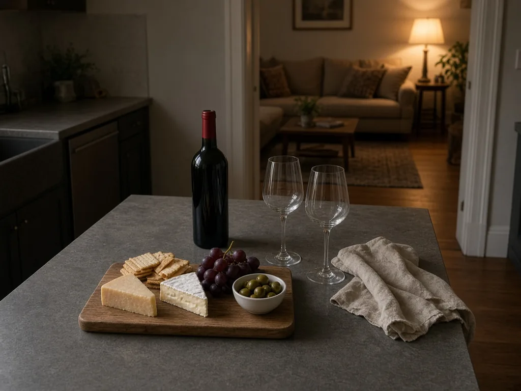 A kitchen island cheese board with an open bottle of wine and two glasses, and an empty lamp-lit living room beyond the doorway