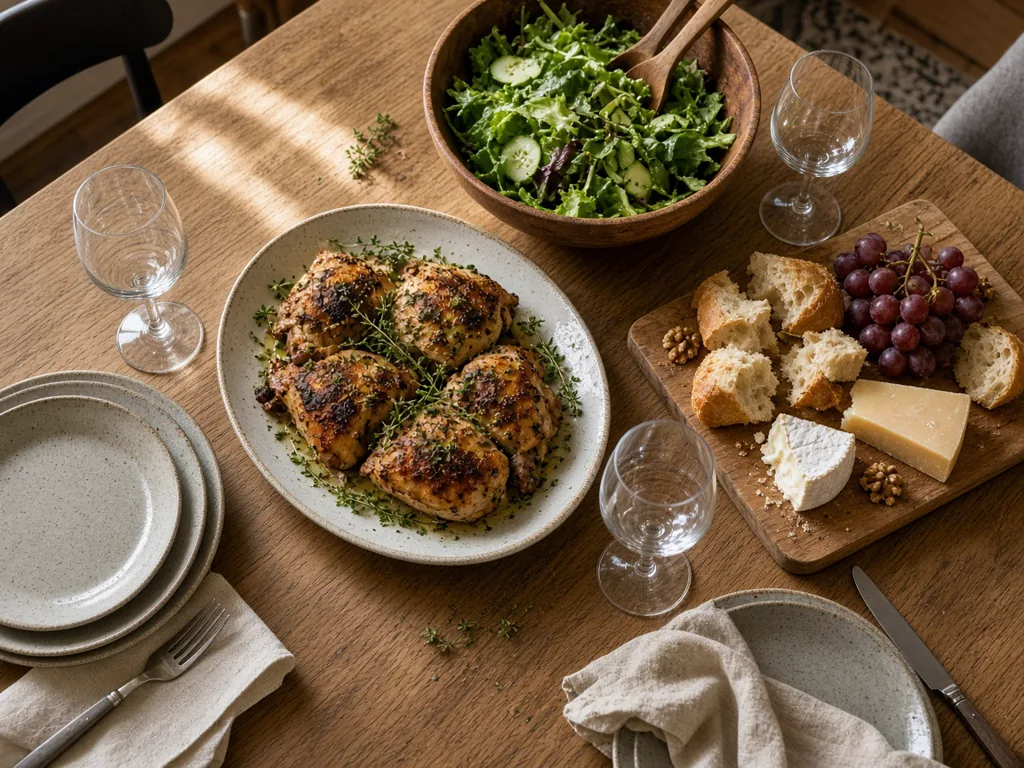 A home dining table set for a casual party, with roast chicken, a wooden salad bowl, bread, and wine glasses in warm afternoon light