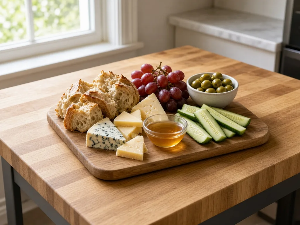 A finished grazing board of cheese, grapes, olives, bread, and vegetables on a butcher-block kitchen island in daylight