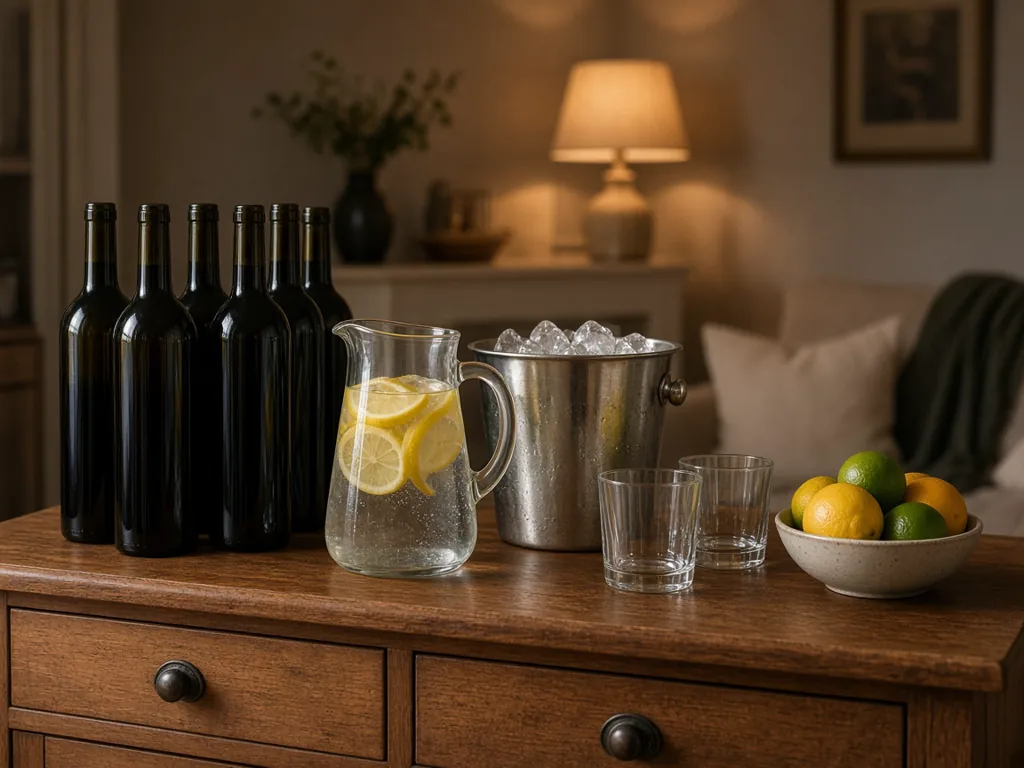 A home drinks station with wine bottles, a pitcher of water, a bucket of ice, and glasses on a wooden sideboard