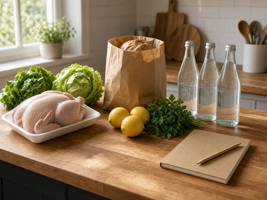 A morning kitchen counter with a chicken, lettuce, bread, lemons, herbs, and sparkling water ready for a party shop