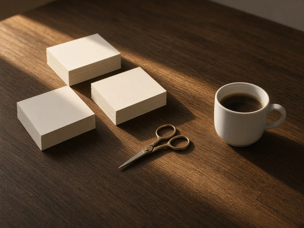 Three stacks of blank cream cards, brass scissors, and a white coffee cup on a dark walnut kitchen table in late-afternoon sun