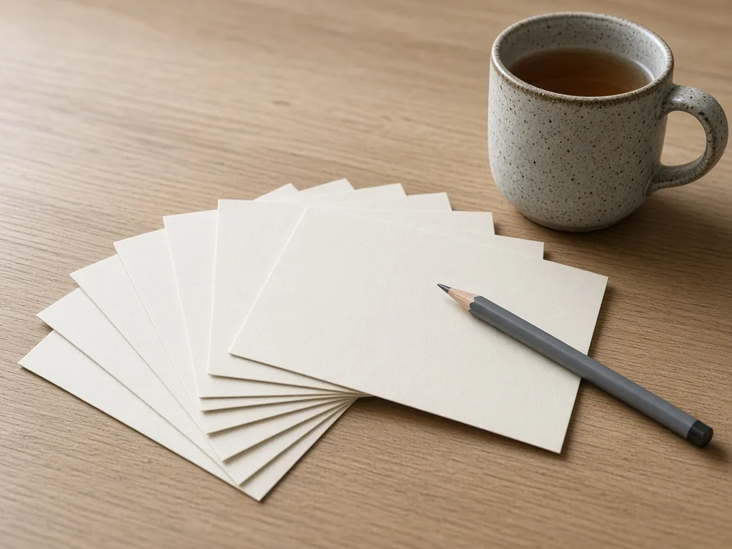 A fan of blank ivory cards, a graphite pencil, and a speckled mug of tea on a pale oak table in cool morning light