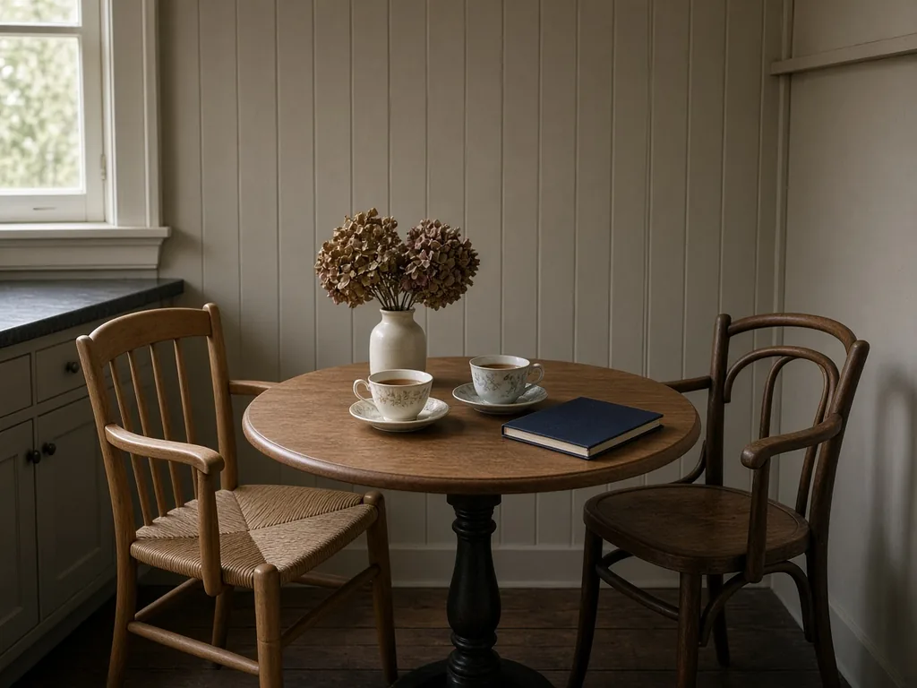 Two empty wooden chairs at a small kitchen table set with mismatched teacups, a closed navy notebook, and dried hydrangeas