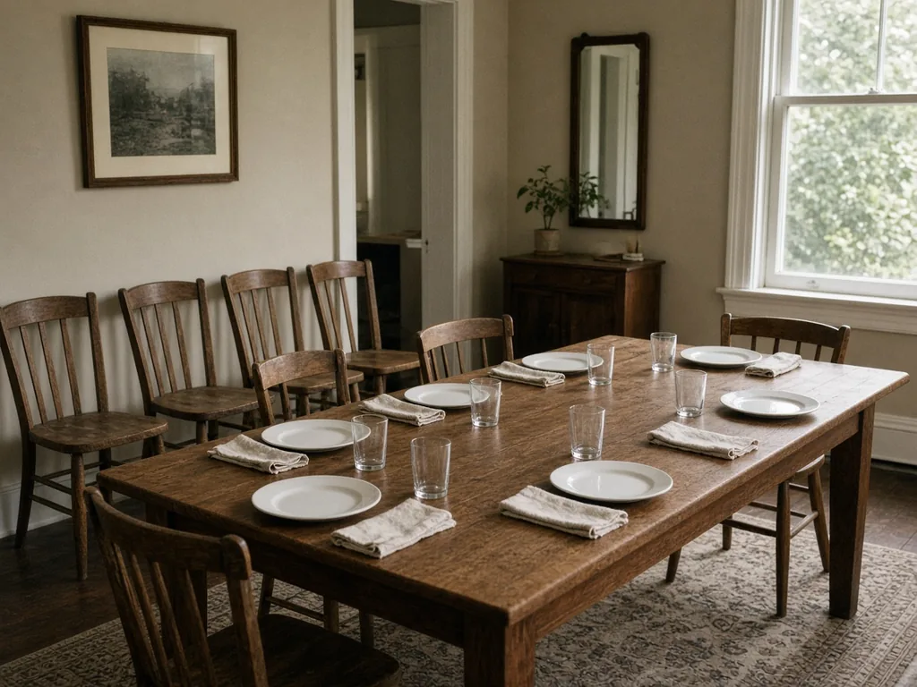 A dining table set for six, with extra wooden chairs pulled away and lined against the wall in daylight