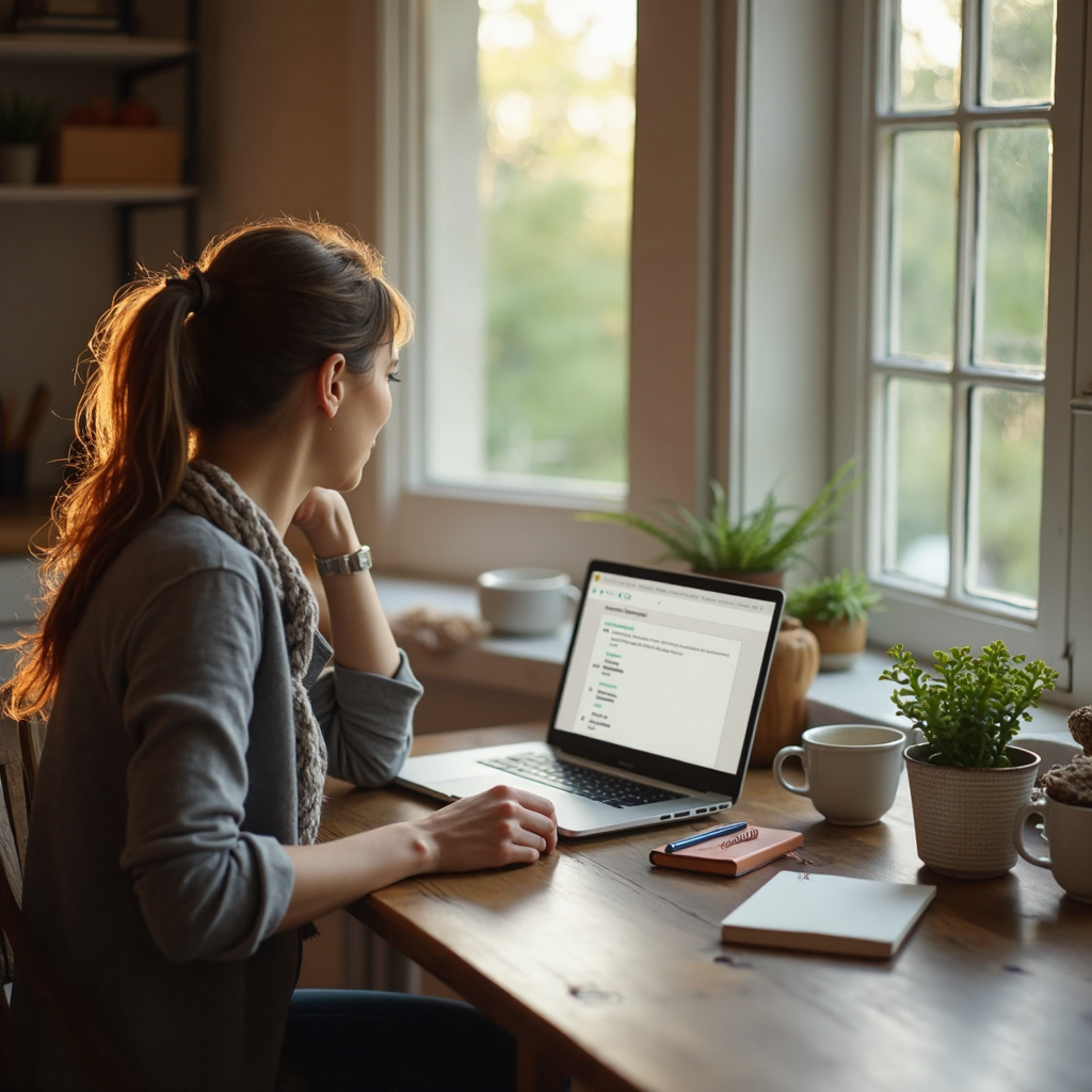 A person sitting at a kitchen table with a laptop open to a guest list, looking thoughtfully at the screen, a cup of coffee and a notebook nearby, warm natural light from a window