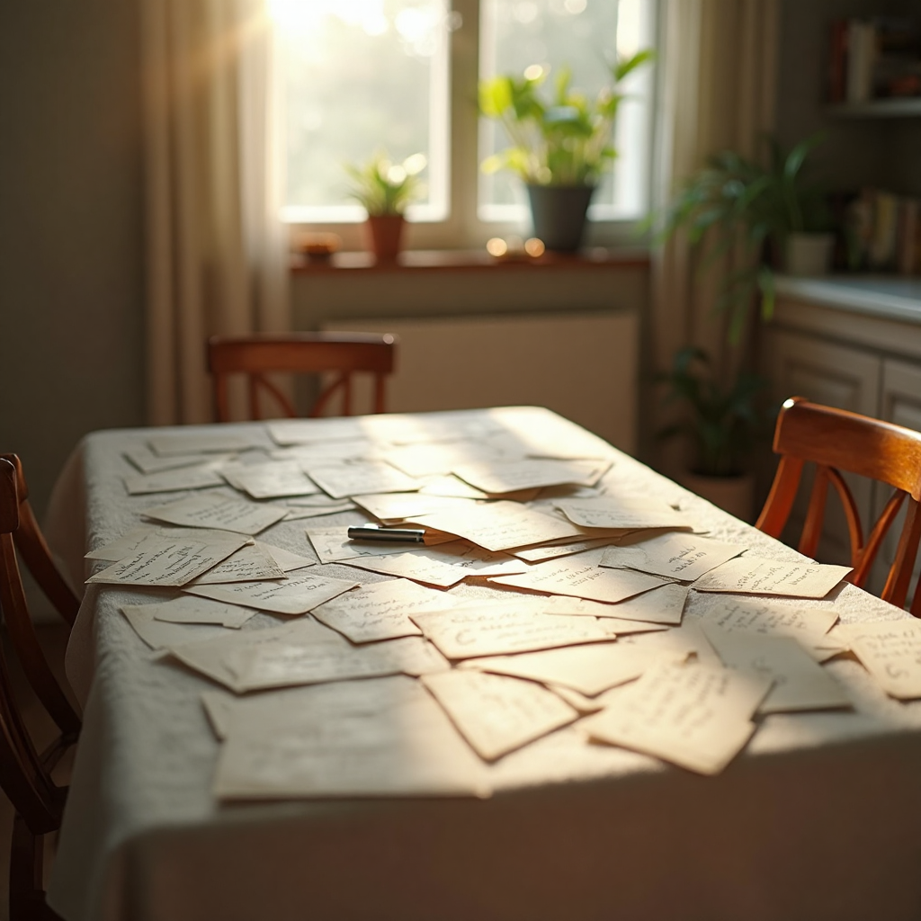 A kitchen table scattered with RSVP response cards, an envelope, and a pen, soft morning light filtering through a nearby window