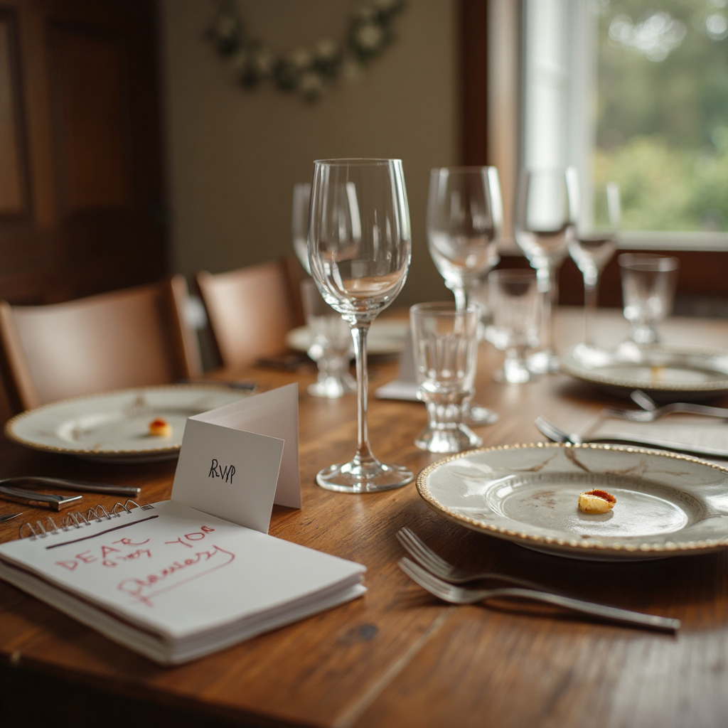 A warm dining table set with place cards, RSVP cards, and a small notepad with handwritten notes, natural light from a window