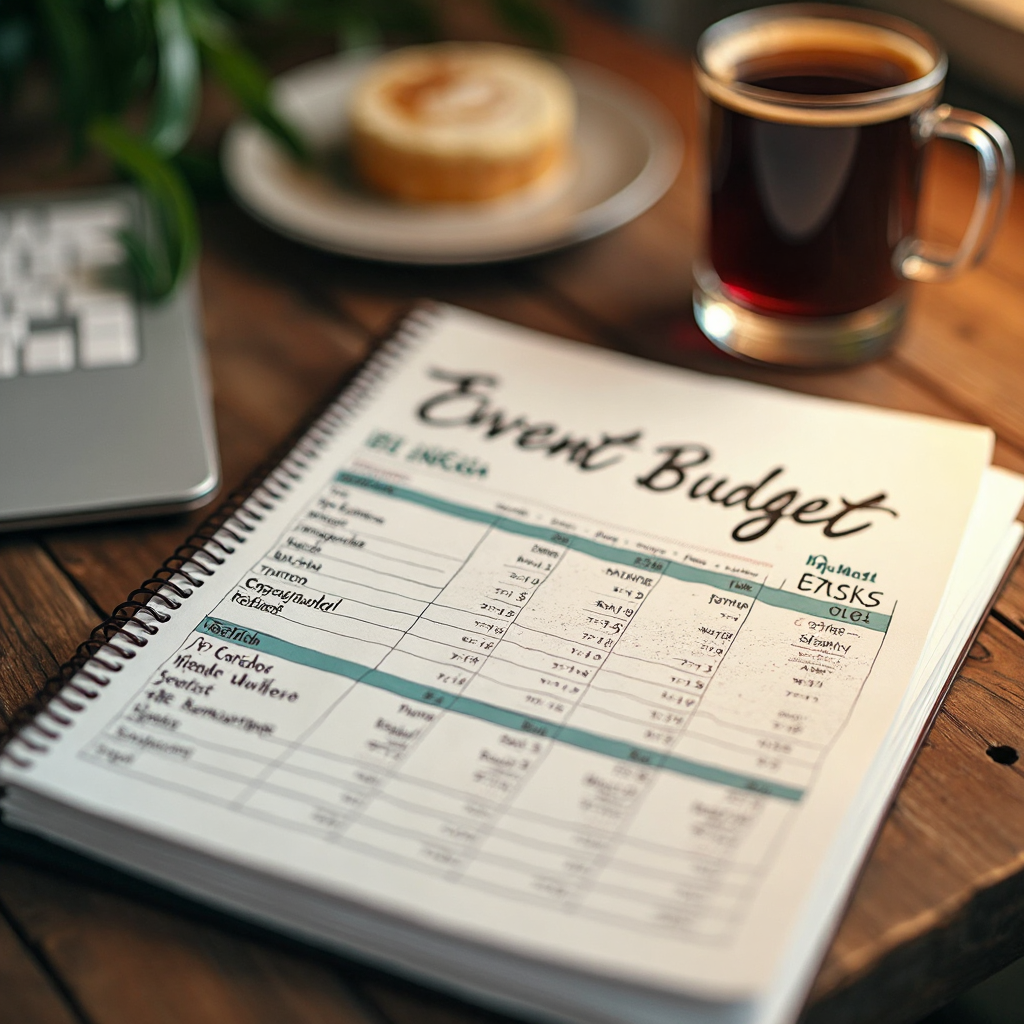 A warm desk scene with a budget planner, coffee, and a gentle natural light, photorealistic