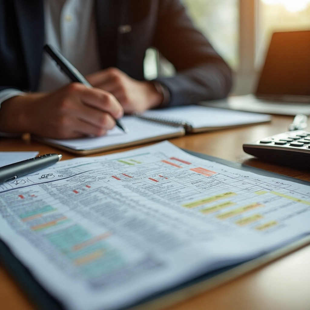 Budget planner open on a desk beside a cup of tea and a notebook, soft morning light, photorealistic