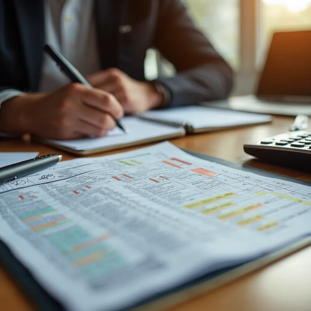 Budget planner open on a desk beside a cup of tea and a notebook, soft morning light, photorealistic