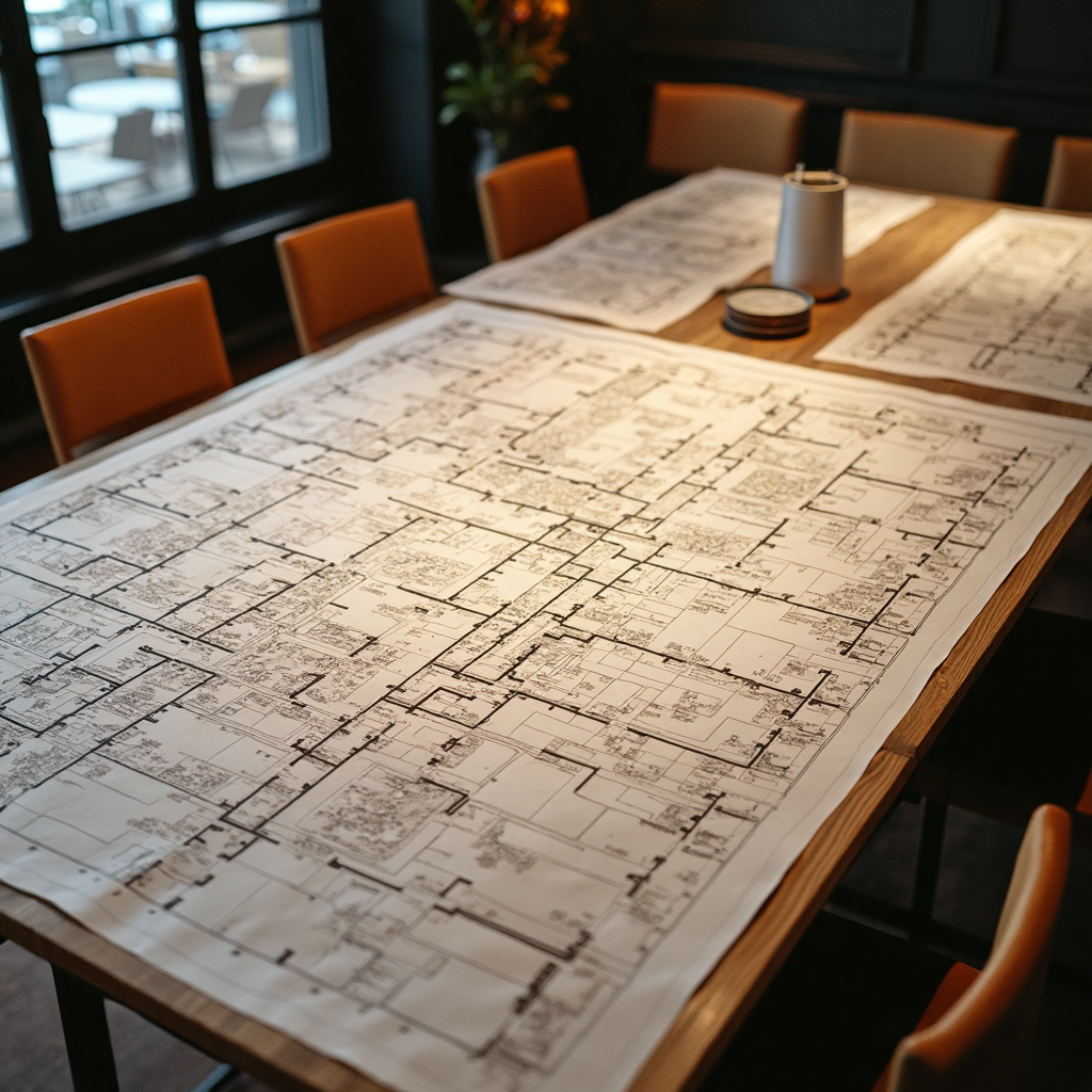 A desk covered in a floor plan, a budget sheet, and a coffee, in a bright cozy workspace, photorealistic