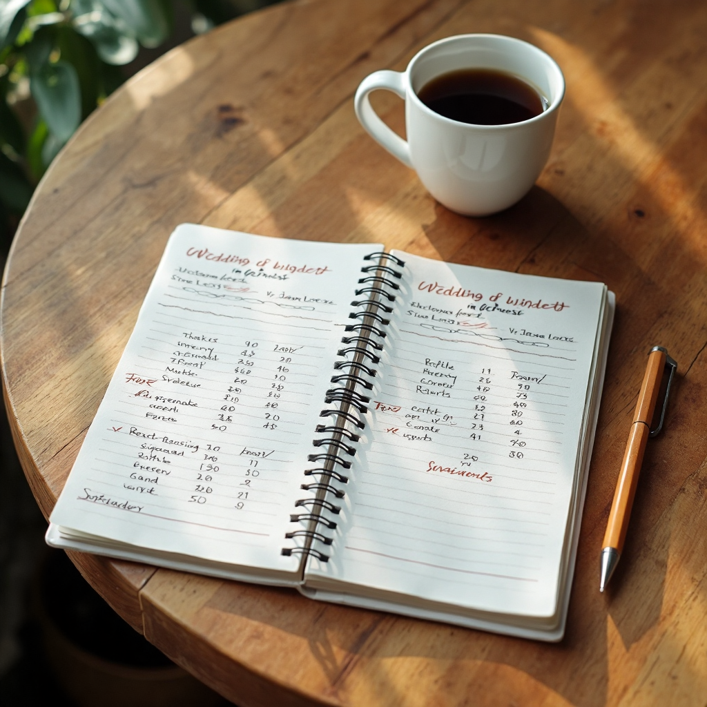 An overhead shot of a warm kitchen table with a wedding budget notebook open, showing handwritten cost breakdowns per guest, a coffee cup beside it, soft natural morning light
