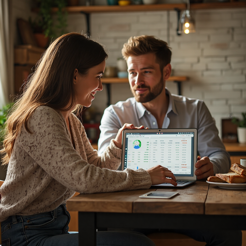 A couple looking at a wedding budget spreadsheet on a laptop at a warm kitchen table, soft natural light