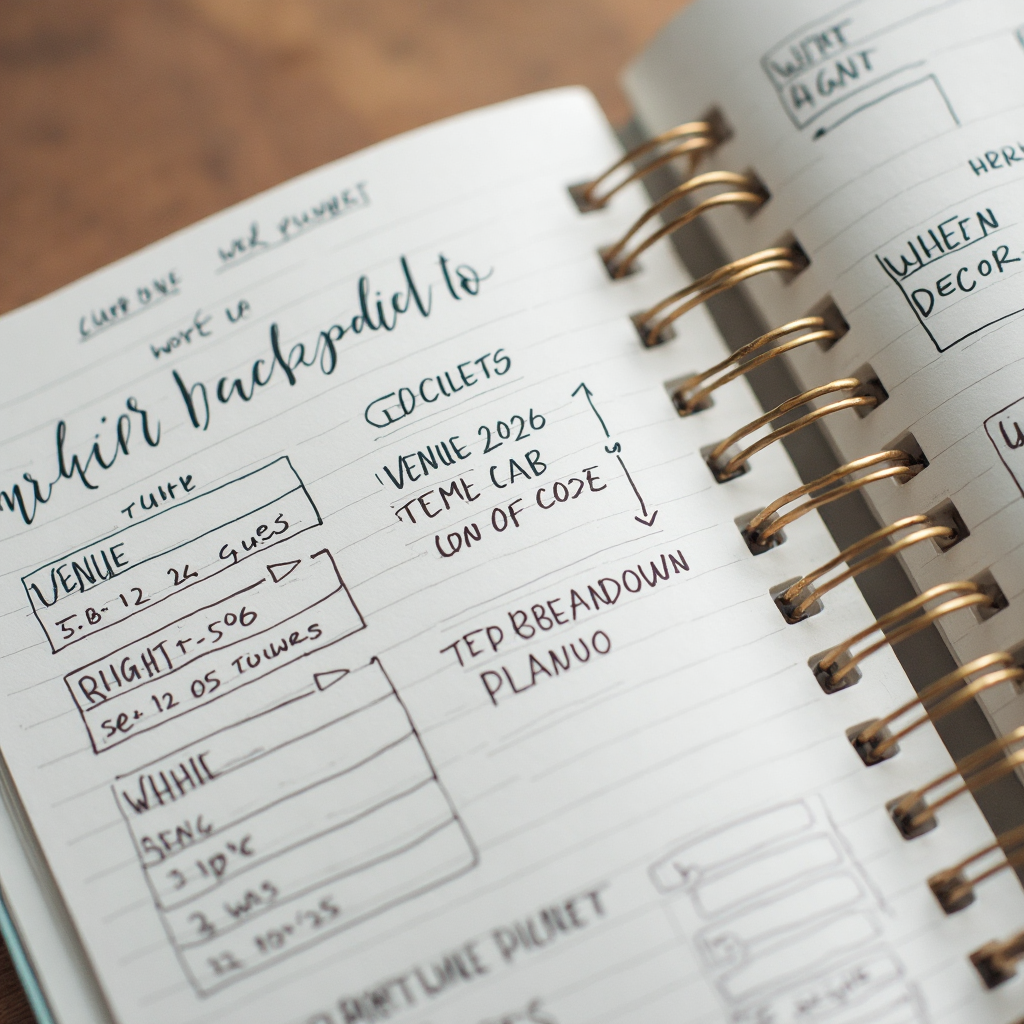 A person writing in a wedding planning notebook at a bright desk with a coffee cup, warm natural light, photorealistic