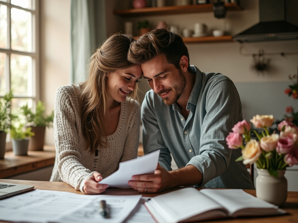 A young couple sitting together at a warm kitchen table reviewing wedding planning papers and a notebook, soft natural morning light from a window