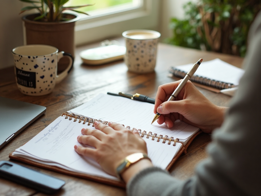 A person's hands writing wedding planning tasks in a notebook at a bright desk with coffee cup, warm natural light