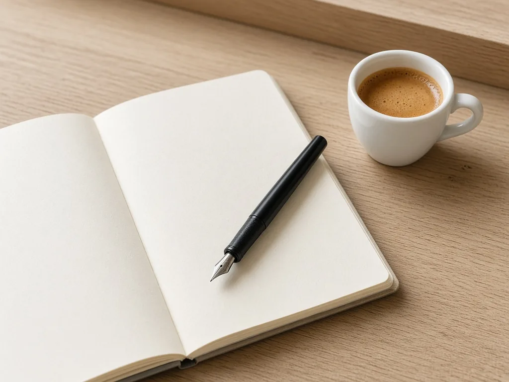 An open blank notebook with a fountain pen resting on the page and a small espresso cup on a pale desk in north light