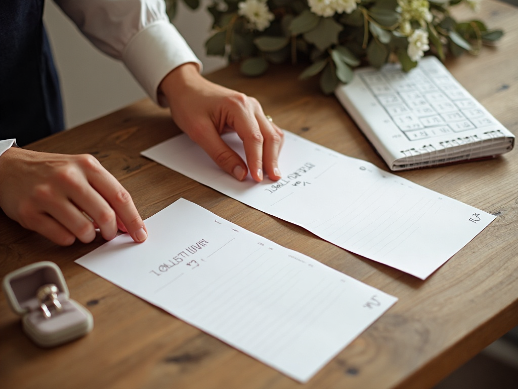 Hands arranging wedding planning materials on a table - invitation mockups, a small ring box, a calendar with marked dates, warm natural lighting