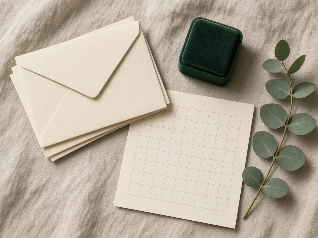 A flat lay of blank cream envelopes, a closed green velvet ring box, an empty calendar grid, and eucalyptus on linen