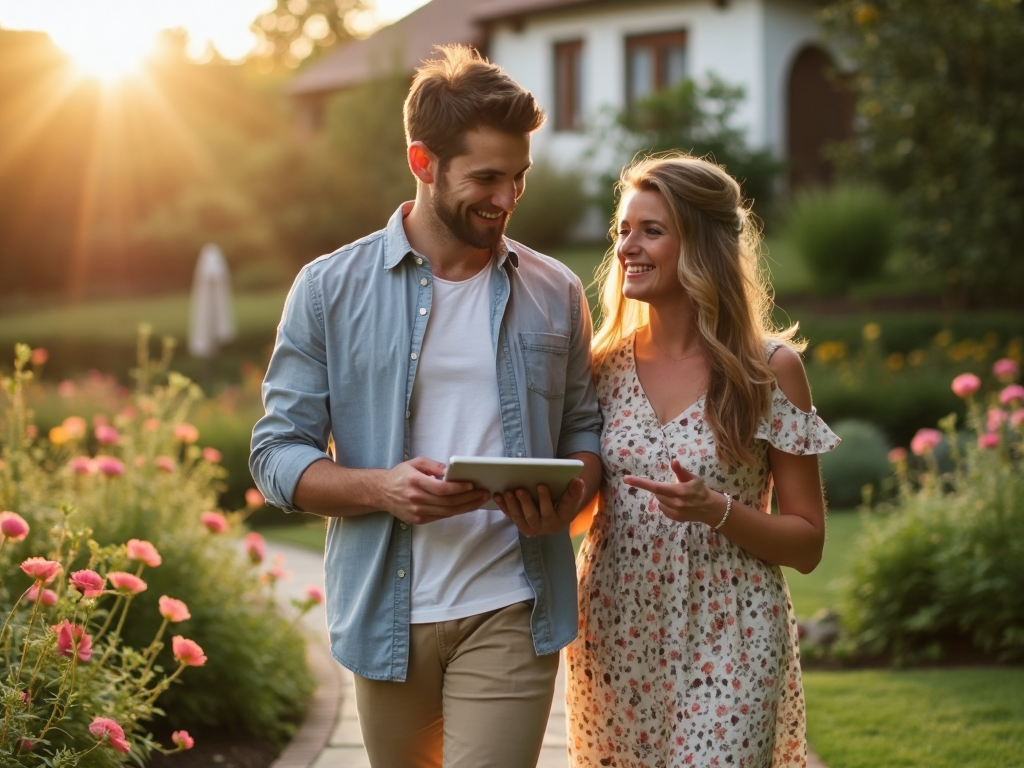 A couple walking through a beautiful garden venue, looking at a tablet together, smiling and relaxed, warm golden hour light