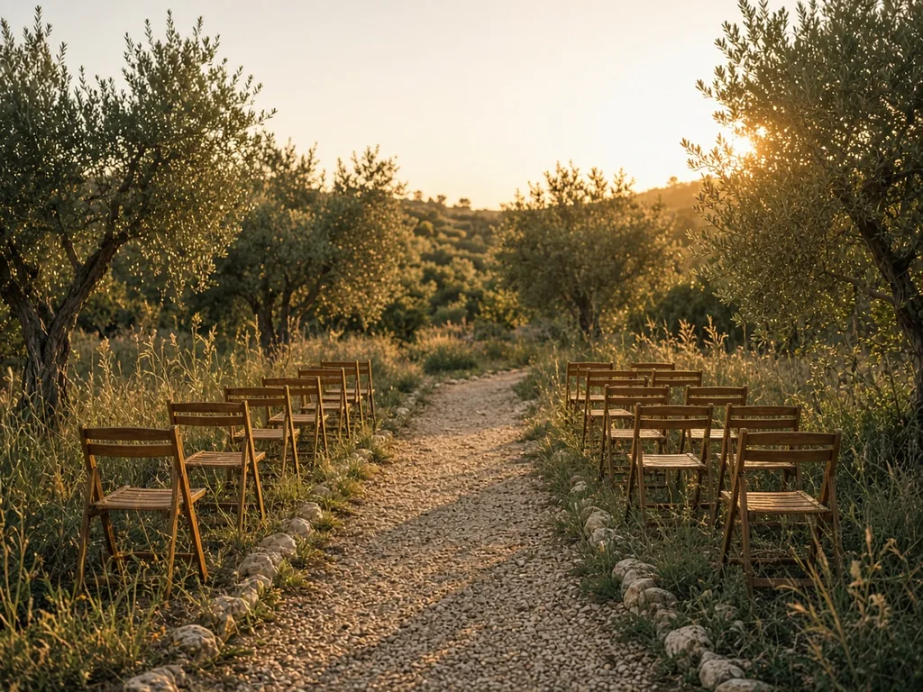 An empty garden ceremony with wooden folding chairs along a gravel path, olive trees, and warm golden-hour light