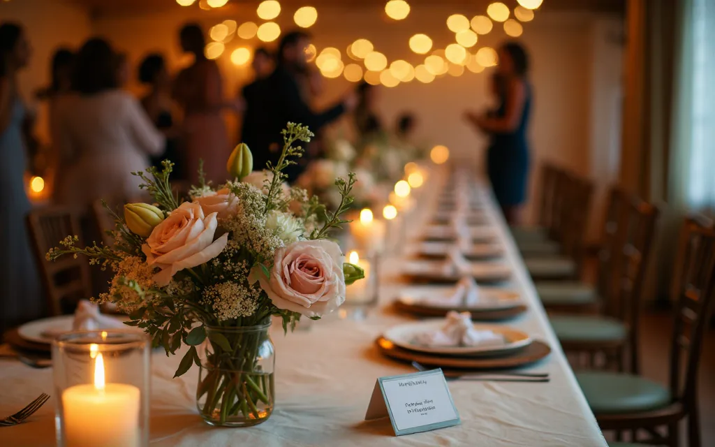 A wedding reception room in warm candlelight with long banquet tables and floral centerpieces, a small folded paper program on the tablecloth in the foreground