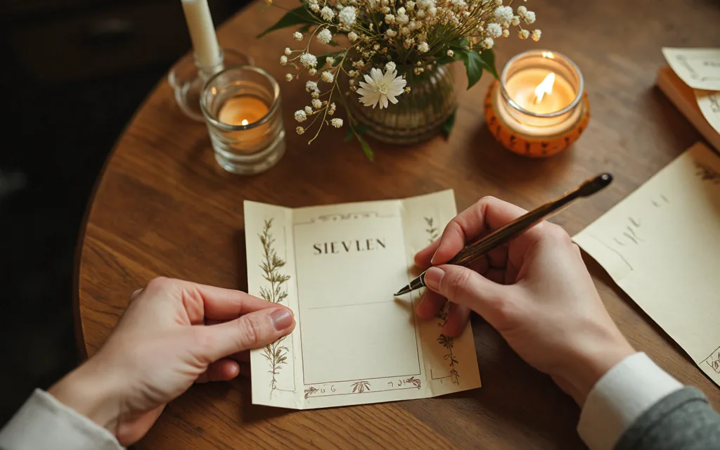 Hands writing on a small folded paper table program, a fountain pen mid-stroke, on a wooden reception table beside a candle and wildflowers