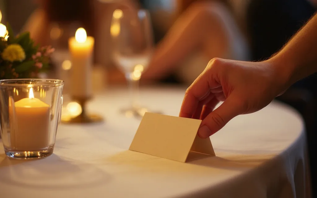 A hand placing a folded paper place card on a reception table with white linen and a taper candle, warm golden evening light, guests blurred in the background