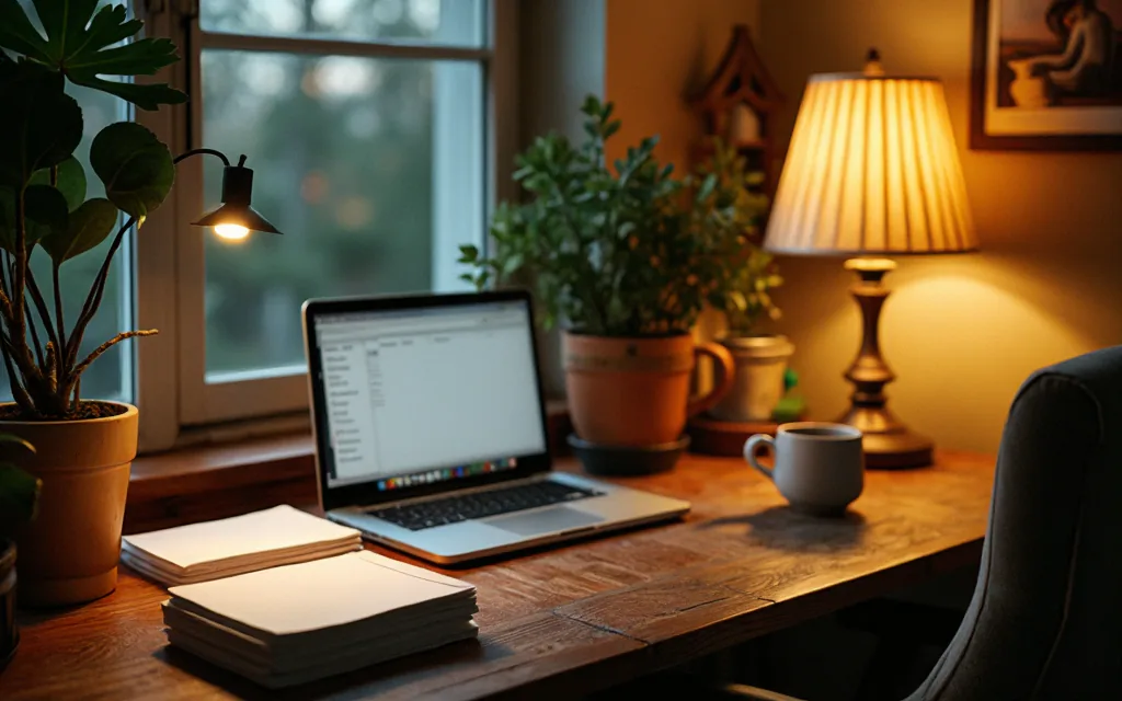 A cozy home office desk in warm evening lamplight: a laptop, a mug of tea, printed guest lists, a printed table layout with circles, and a stack of blank folded cards