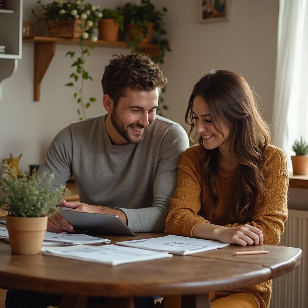 A couple sitting together at a warm kitchen table reviewing wedding planning papers and a tablet, soft natural light from a window