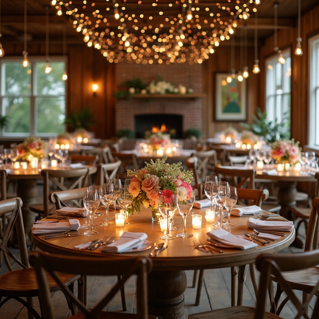 A warm wooden table set for a wedding reception with round tables, elegant floral centerpieces, place cards, and soft candlelight