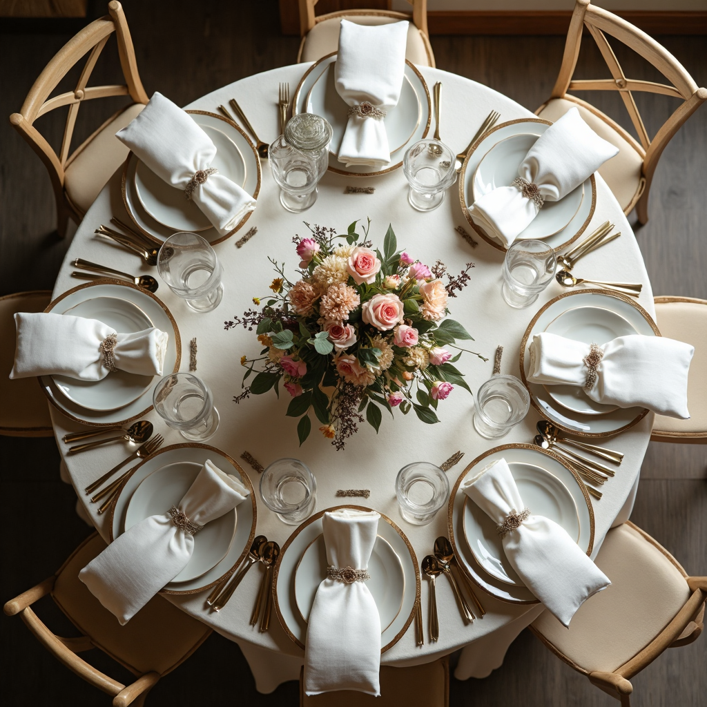 An overhead view of a round dining table with elegant wedding place settings, floral centerpieces, and linen tablecloth