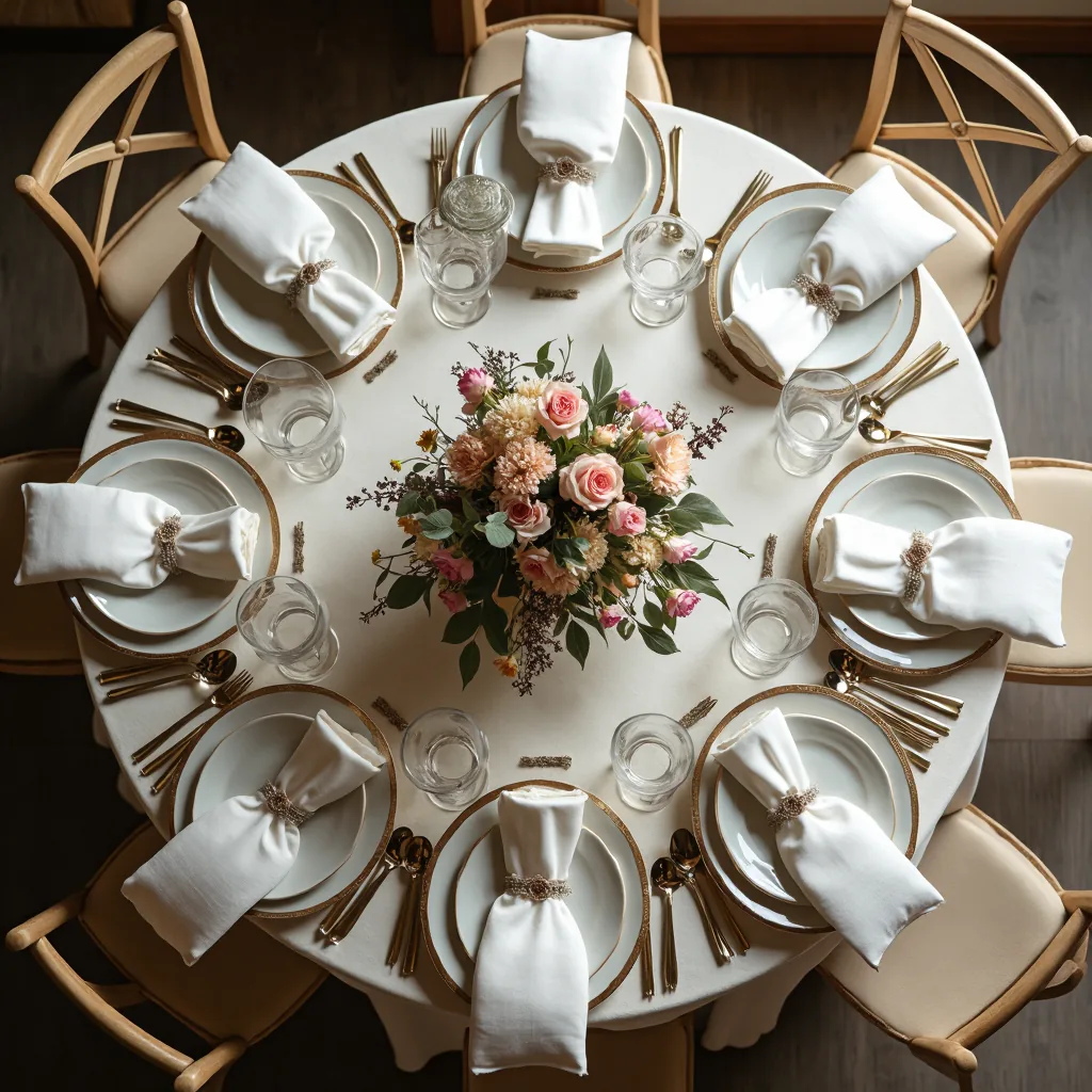 An overhead view of a round dining table with elegant wedding place settings, floral centerpieces, and linen tablecloth