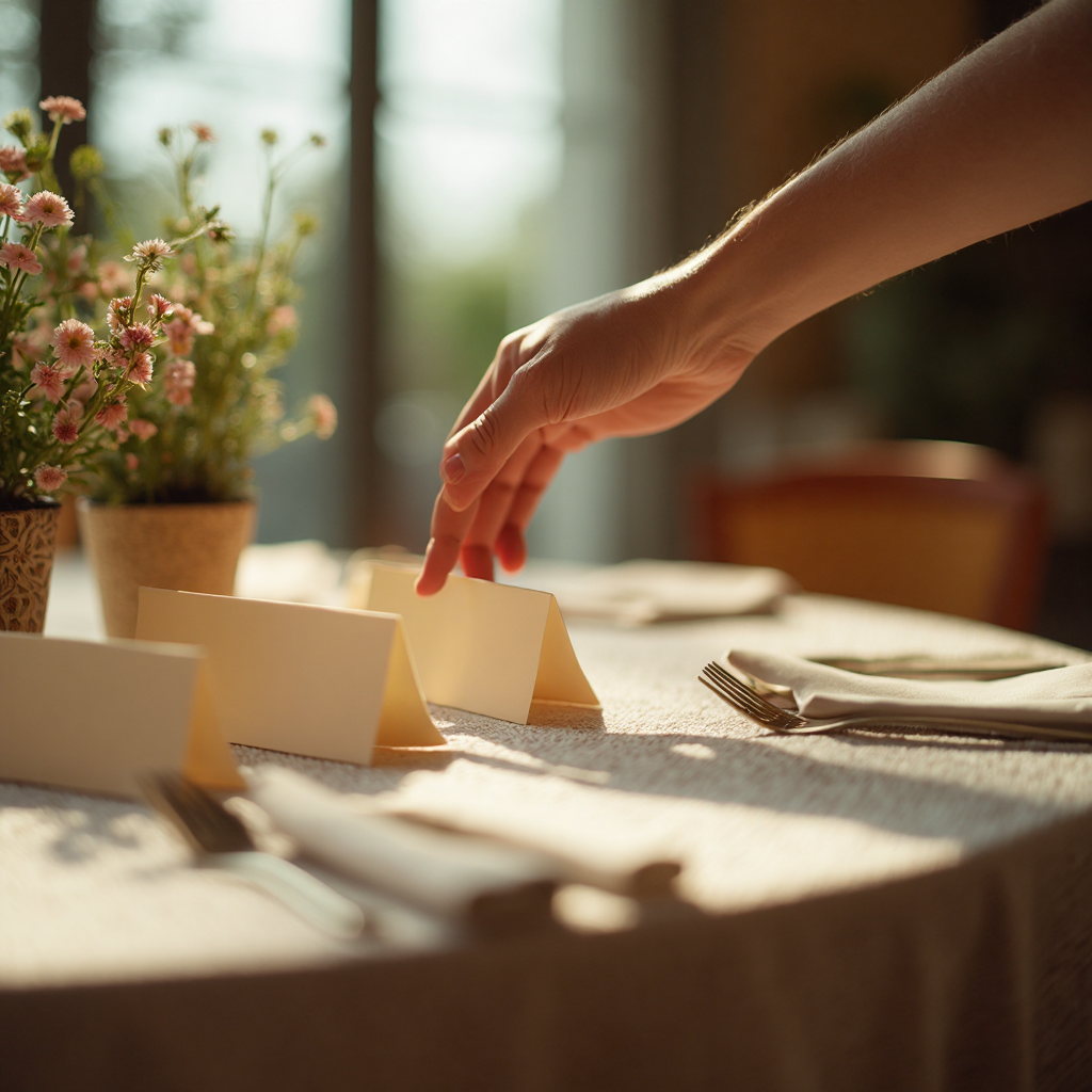 A hand arranging place cards around a round dinner table, warm natural light, soft depth of field