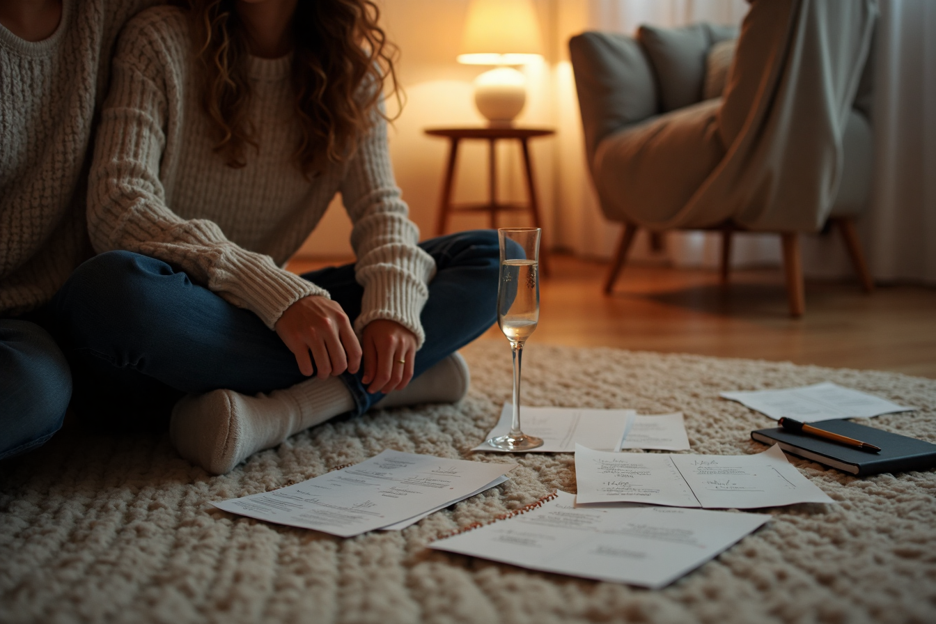 A young couple on the floor of their living room in the evening, planning their wedding with guest lists, a notebook, and a single champagne flute.