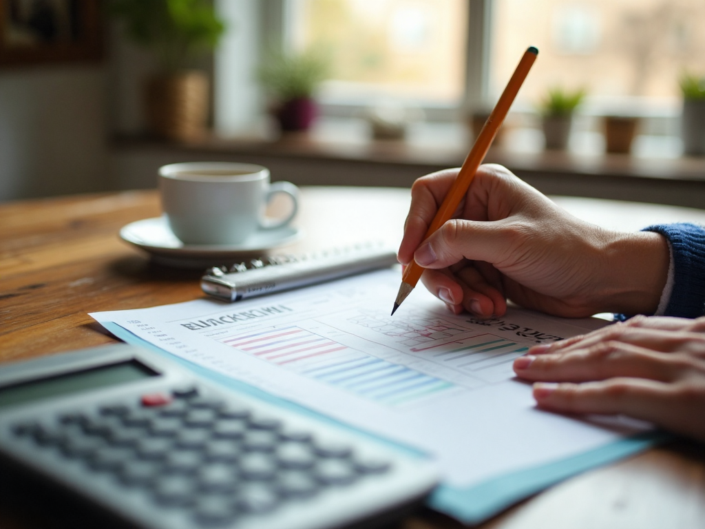 Hands writing a budget breakdown on a paper grid with a pencil, a calculator, and a cup of coffee on a wooden kitchen table
