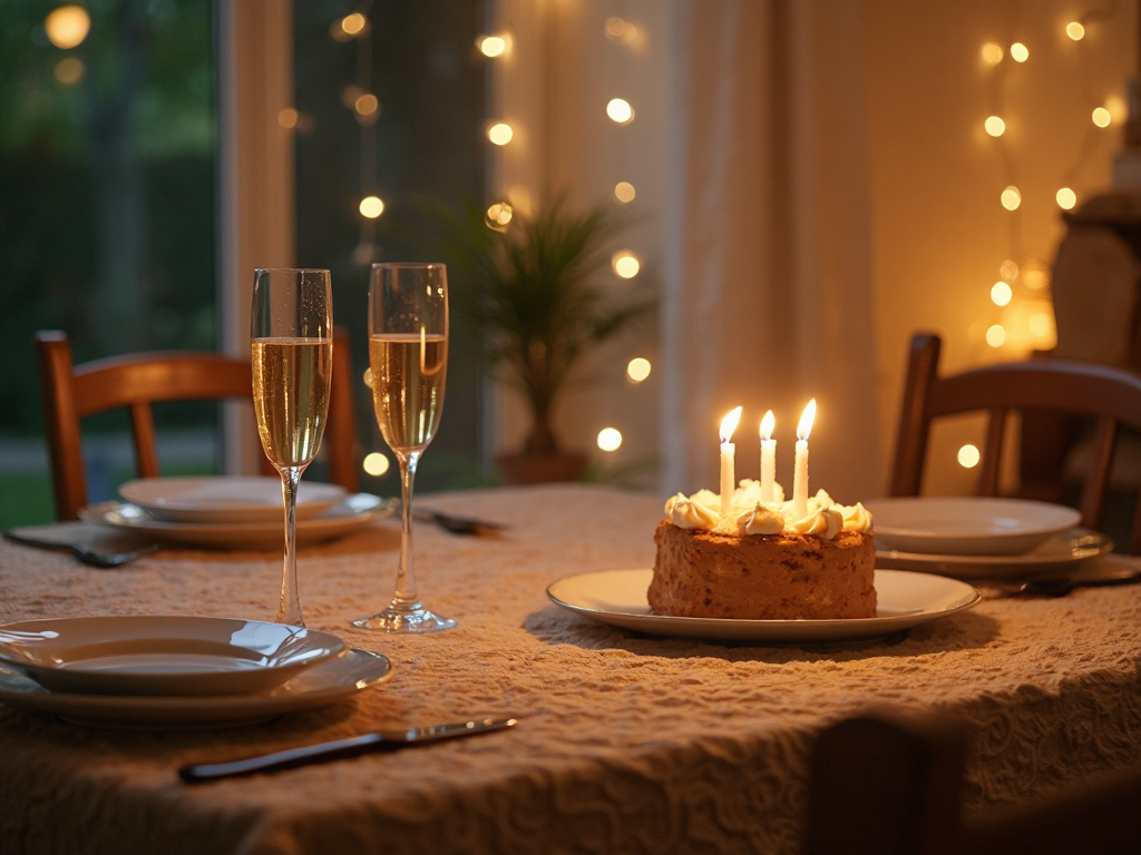 A home dining table set for a birthday celebration with simple white plates, a small homemade cake with candles, and string lights in the background